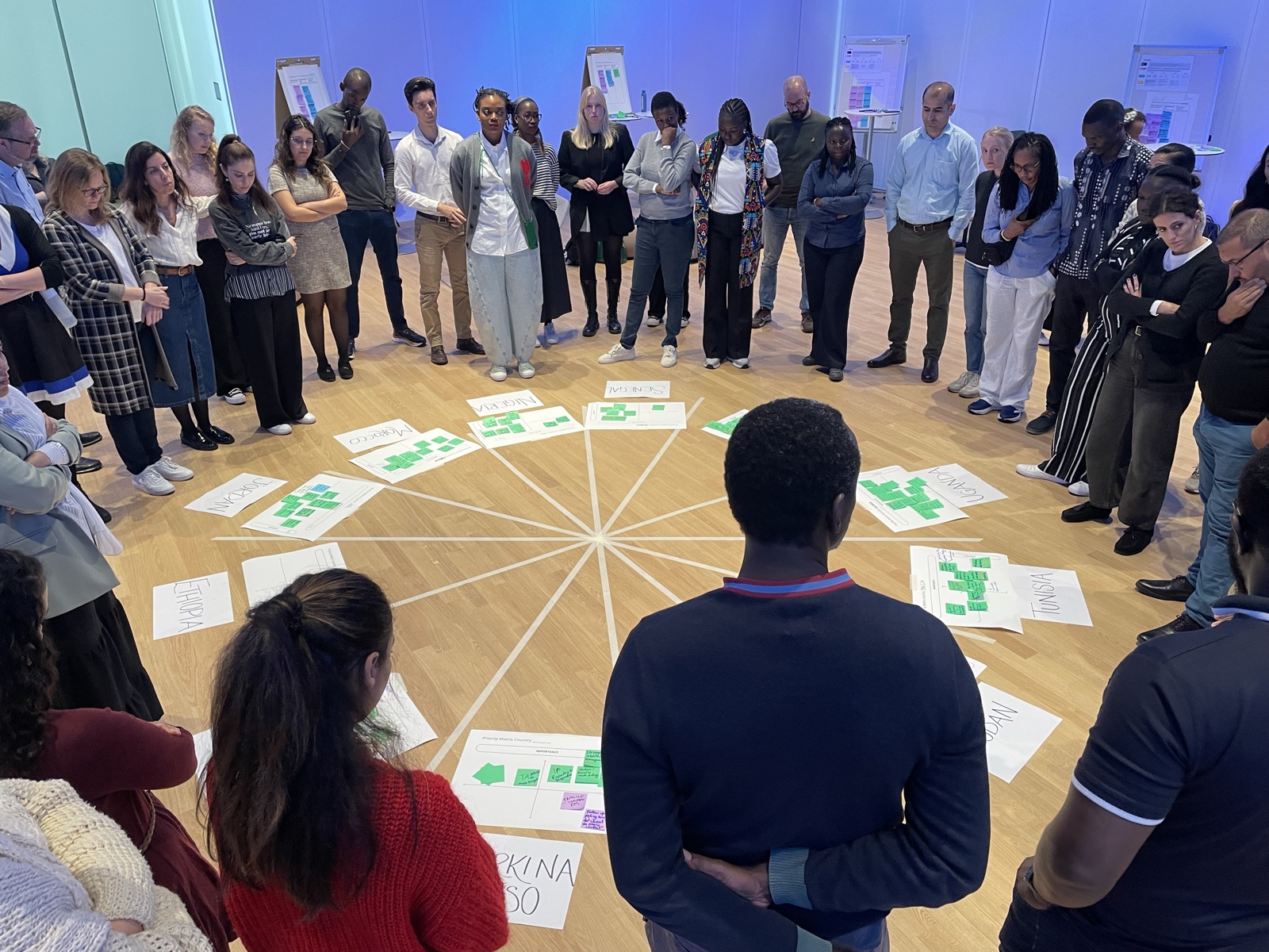 CFYE teams ranged around a floor-wide country priority matrix, aligning across 11 countries